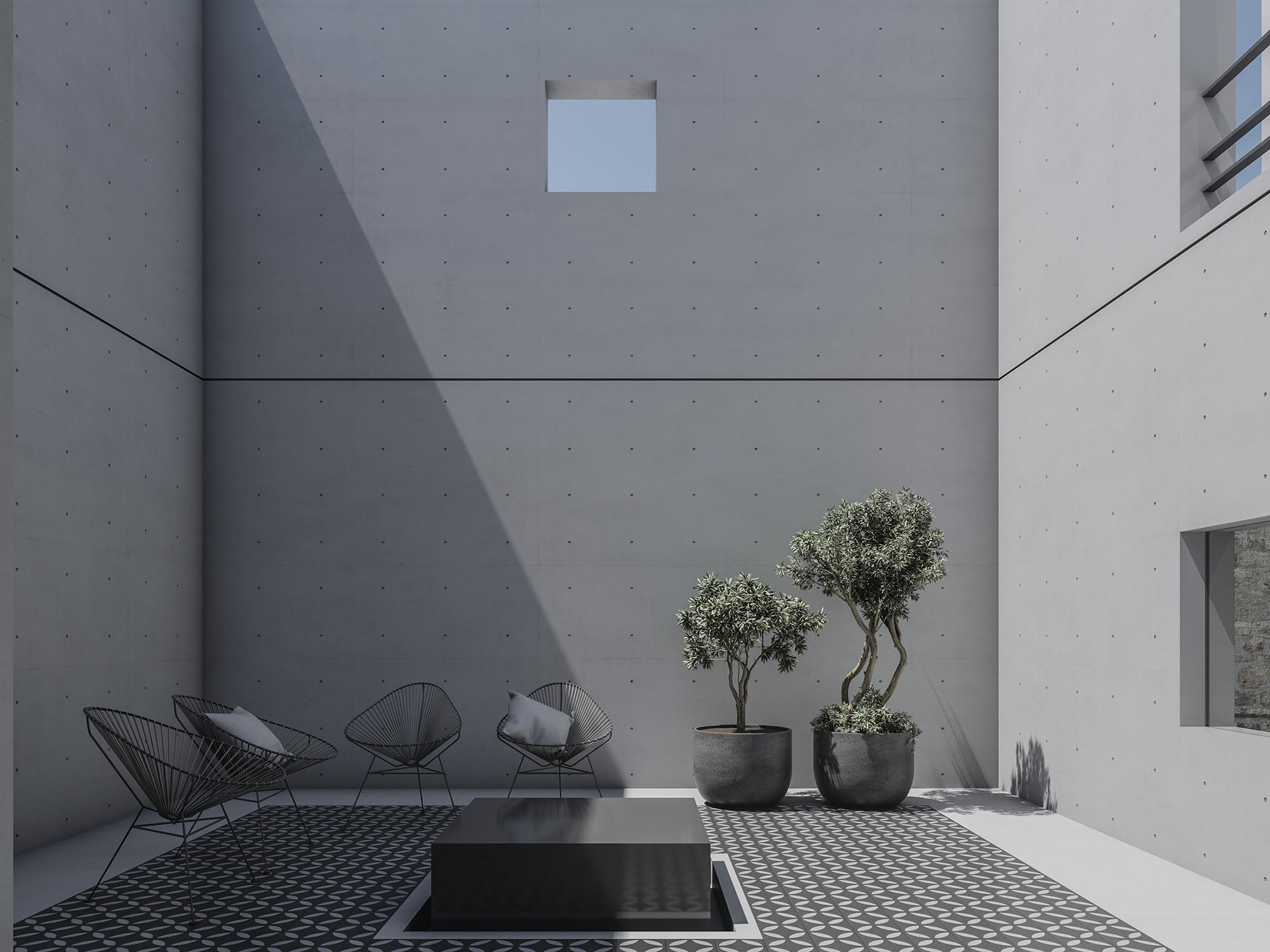 interior scene of patio at 4 cubes concrete house