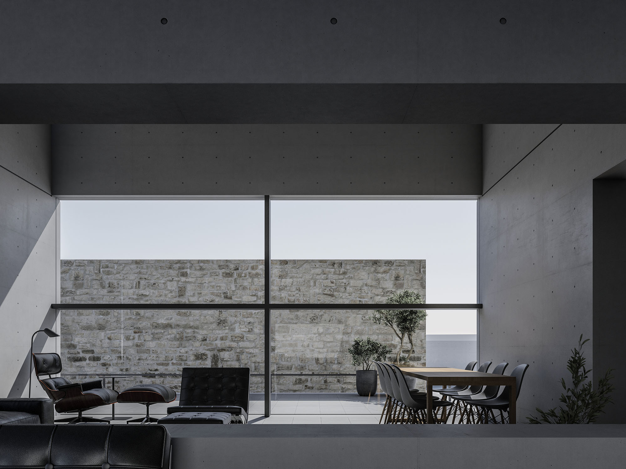 interior scene of living room in 4 cubes concrete house