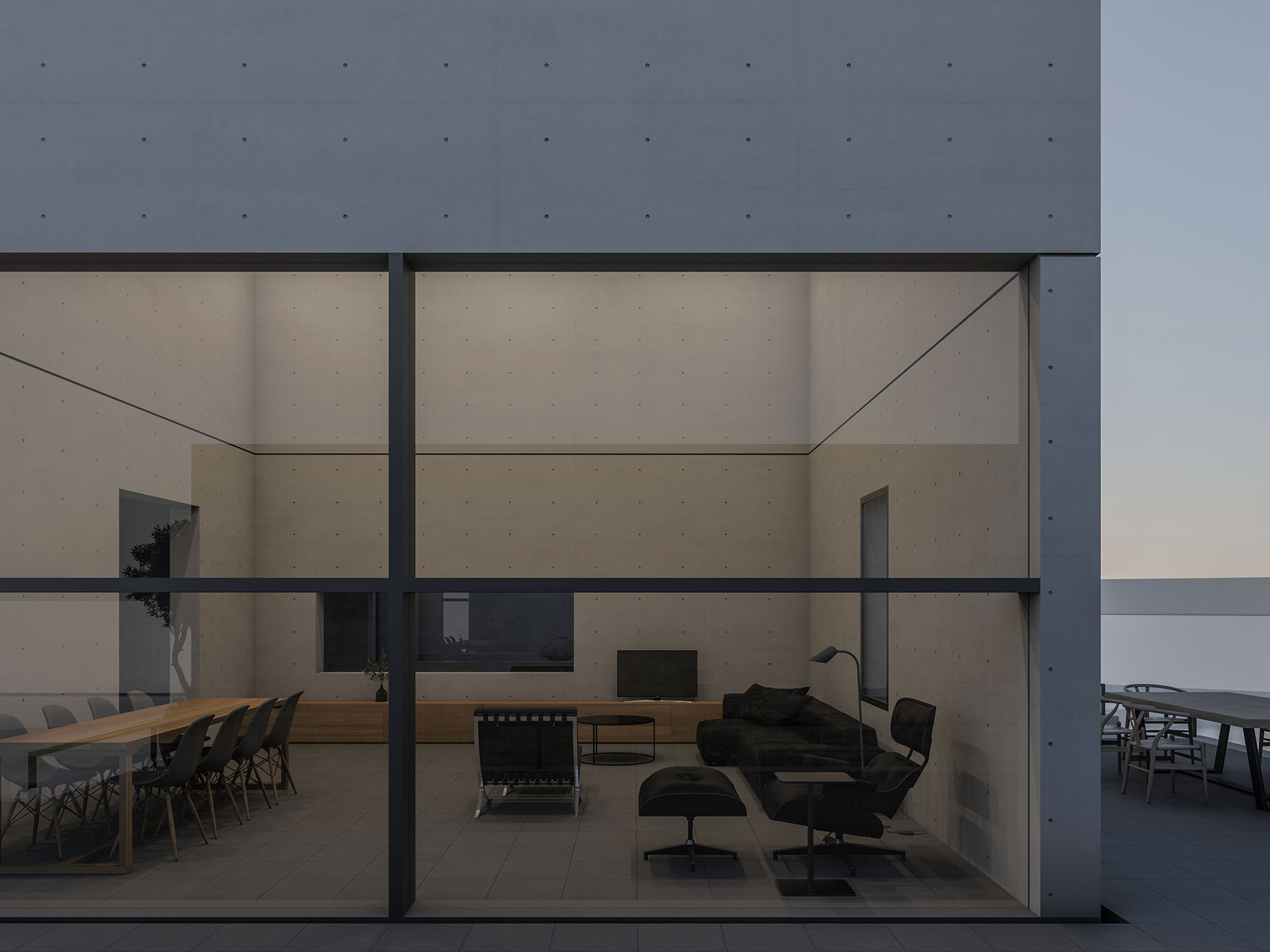 Living room exterior night view with full transparent glazed wall