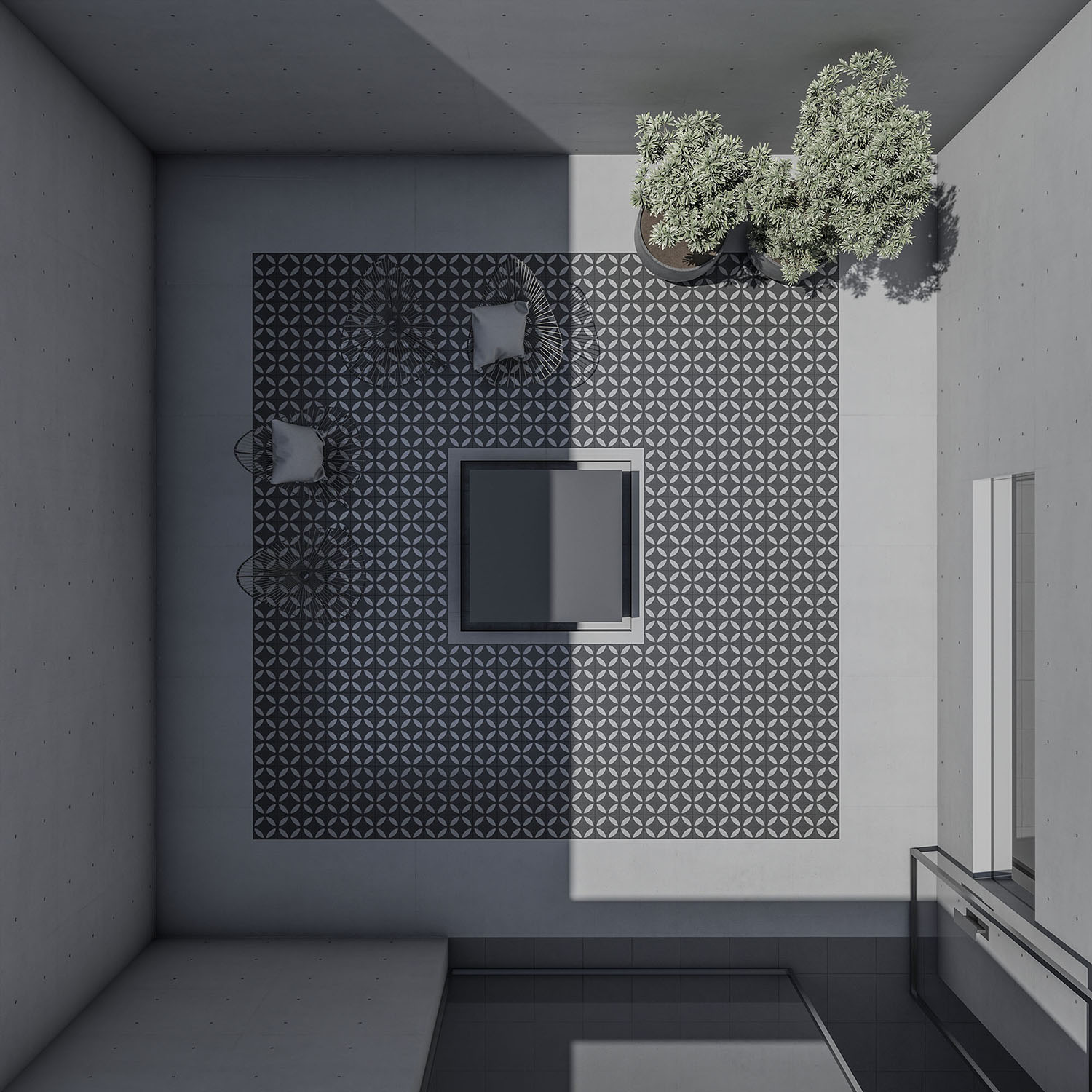 top view of patio into 4 cubes concrete house