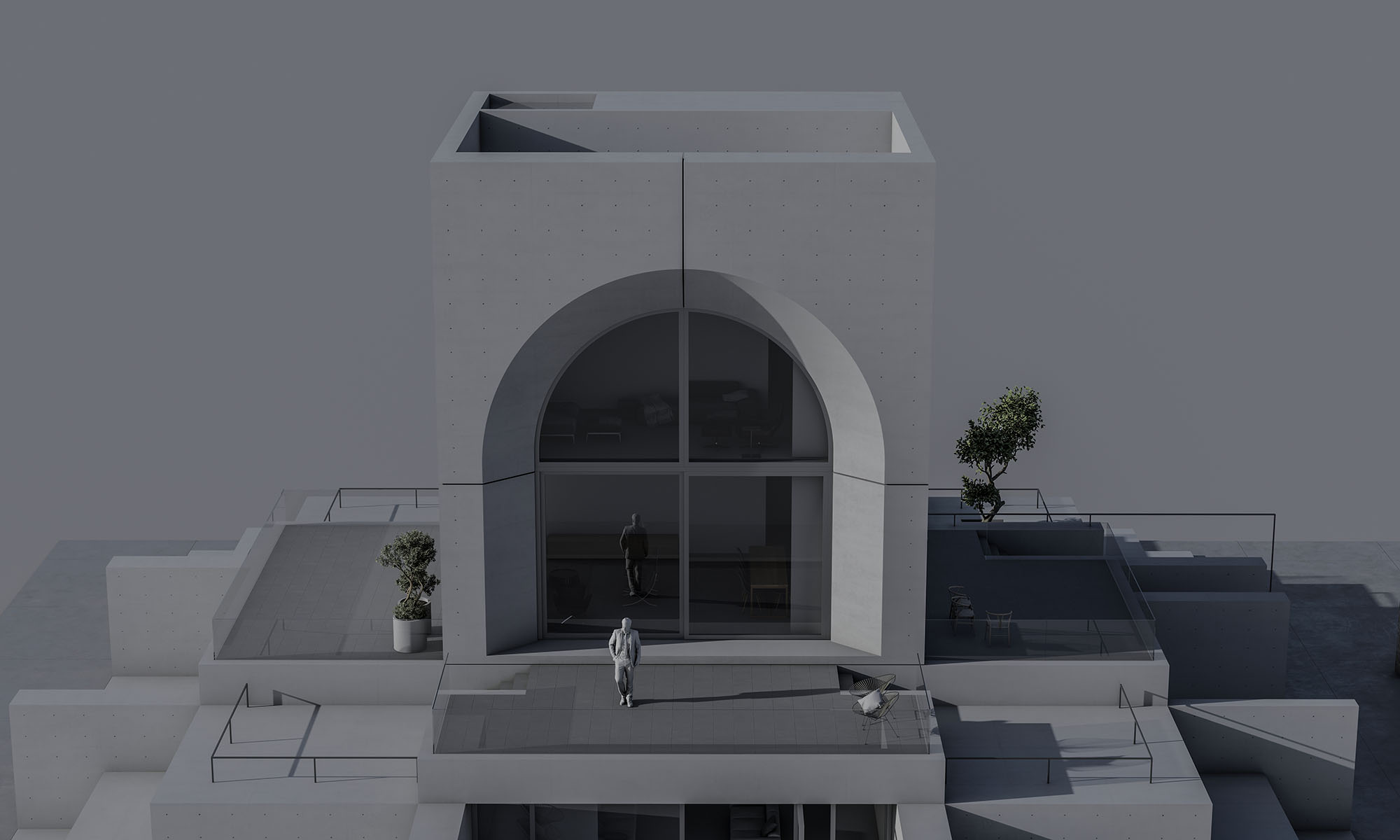 Concrete cube house centered by a big arch, main elevation