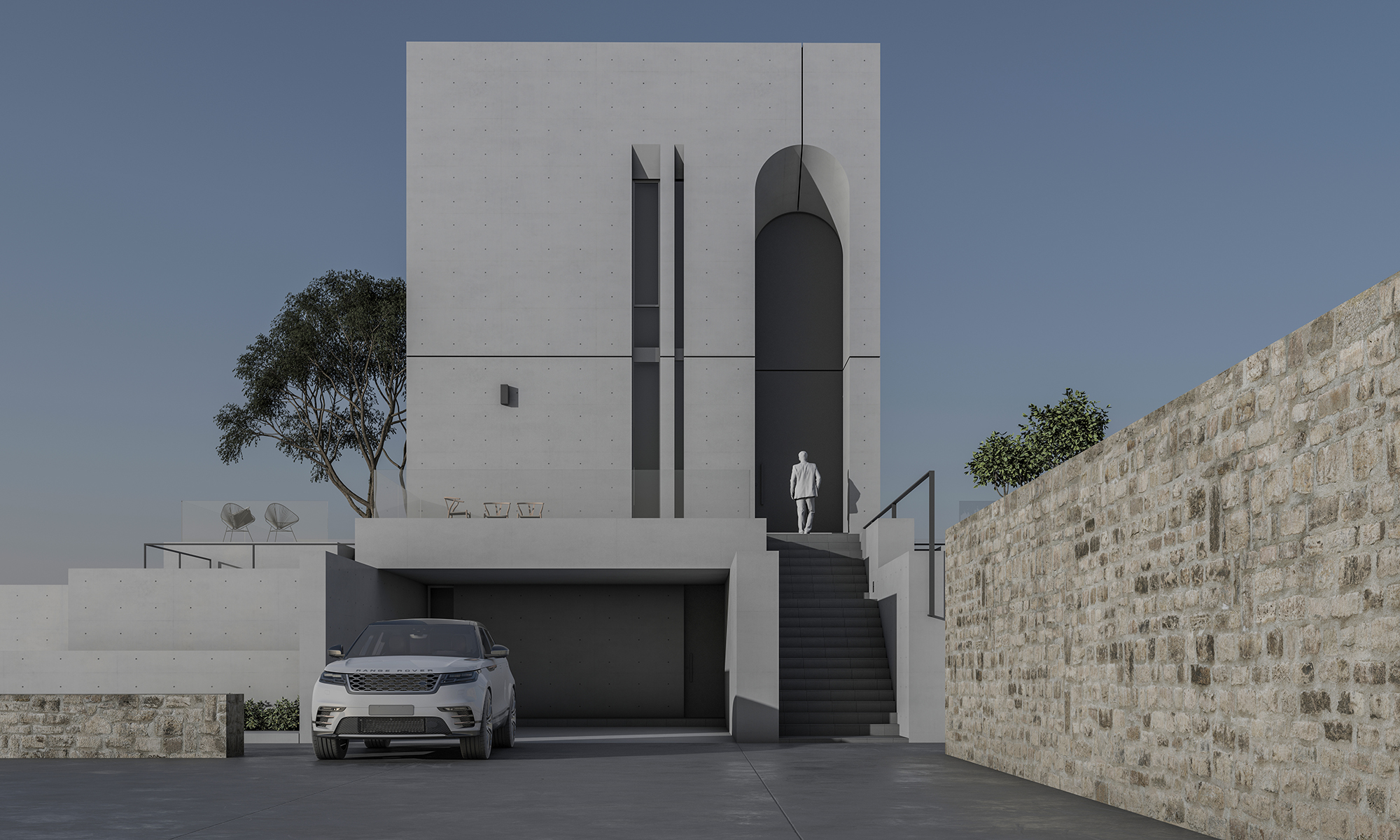 Entrance view of cube concrete house