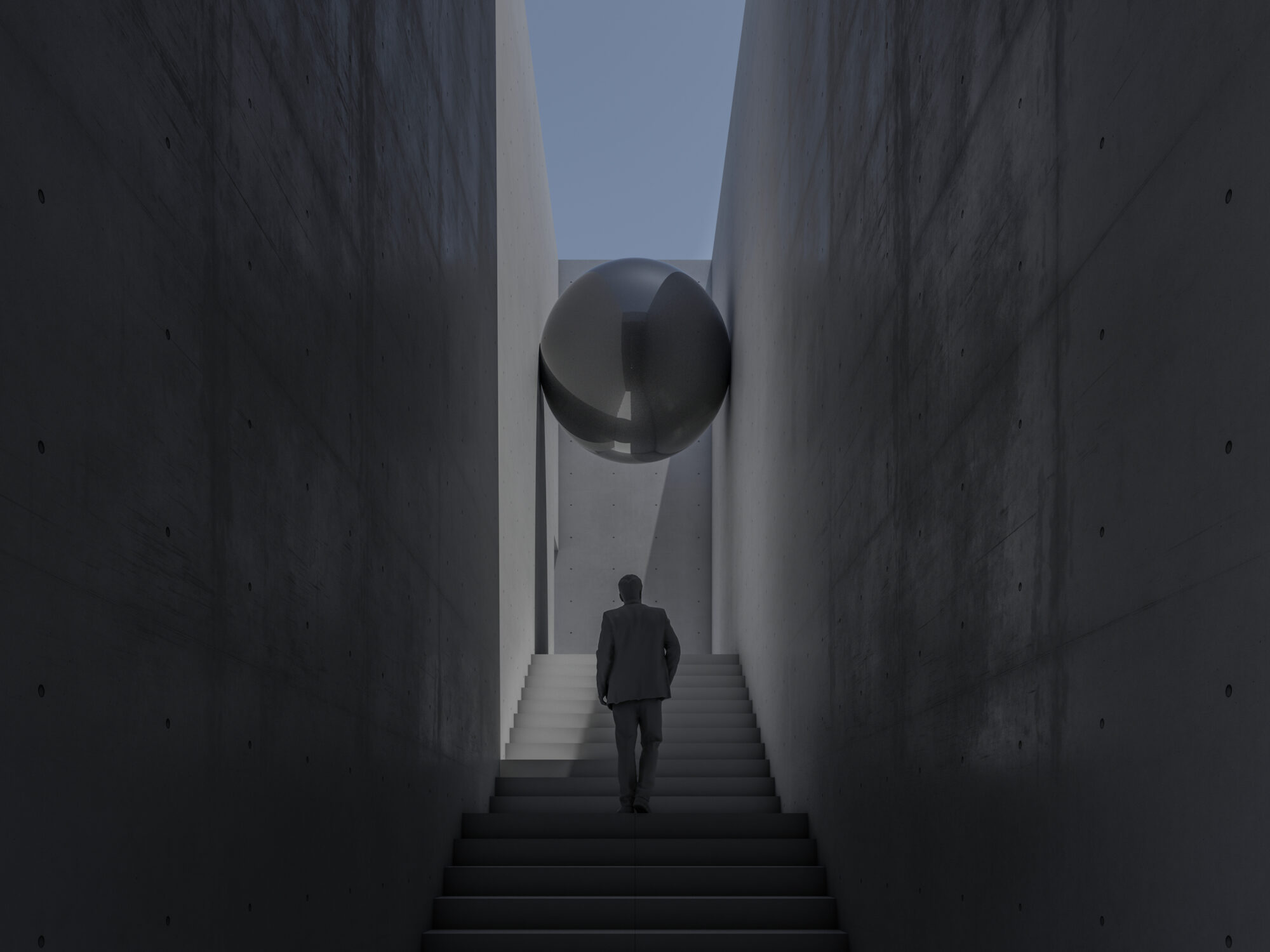 stair of art, a suspended sphere between two walls