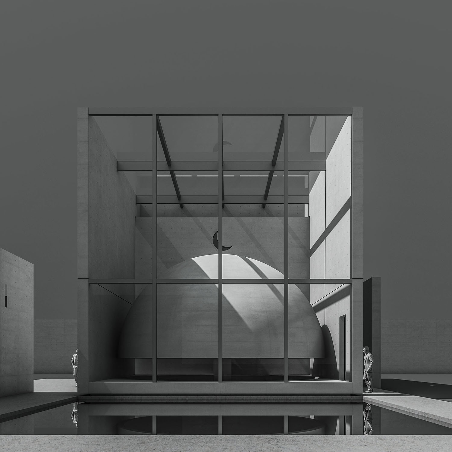 The reflected cube in mosque of suspended dome.