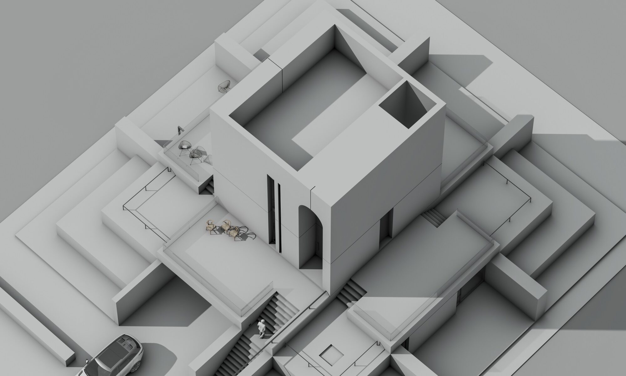 Modern cube house design featuring continuous 360-degree terraces and panoramic views