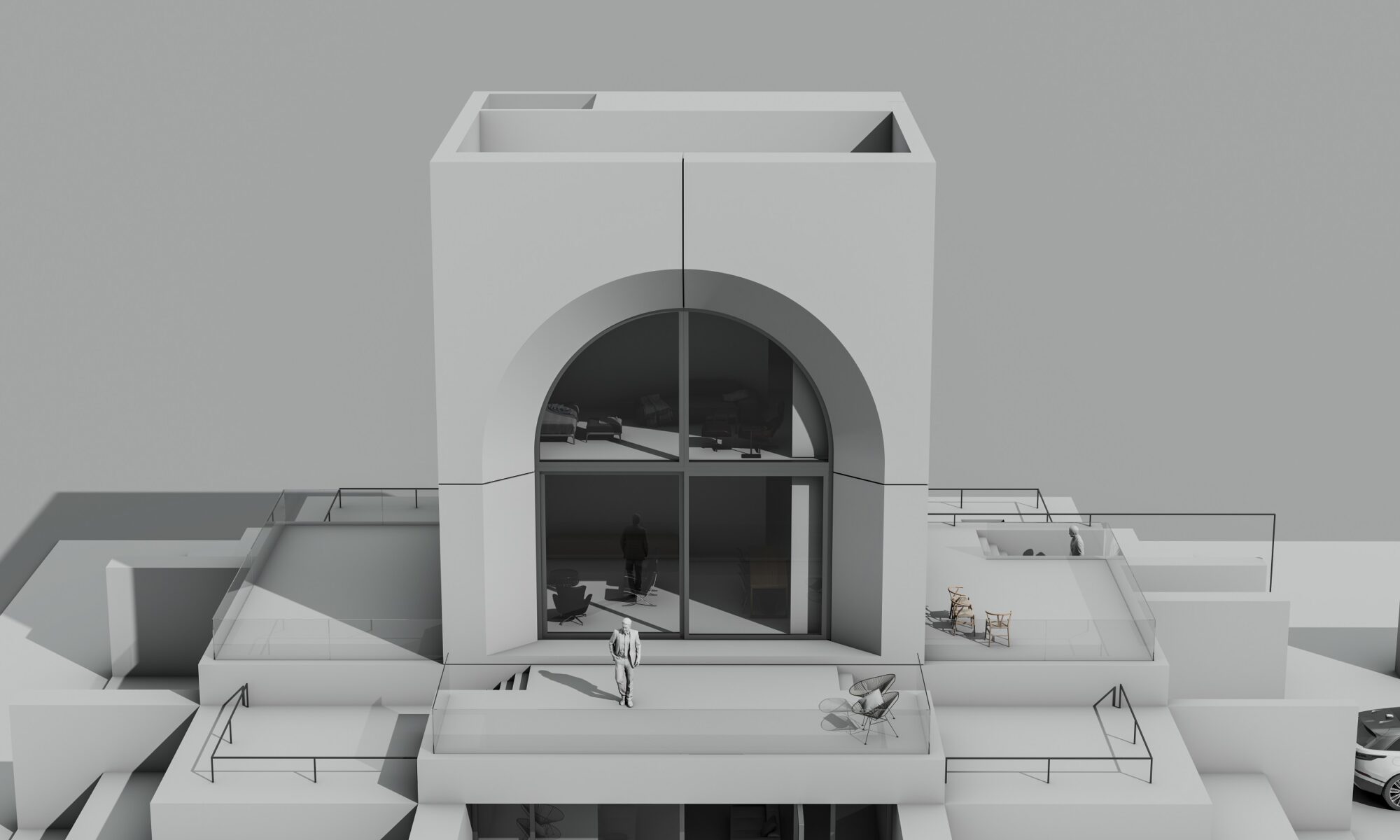 Modern cube house design featuring continuous 360-degree terraces and panoramic views